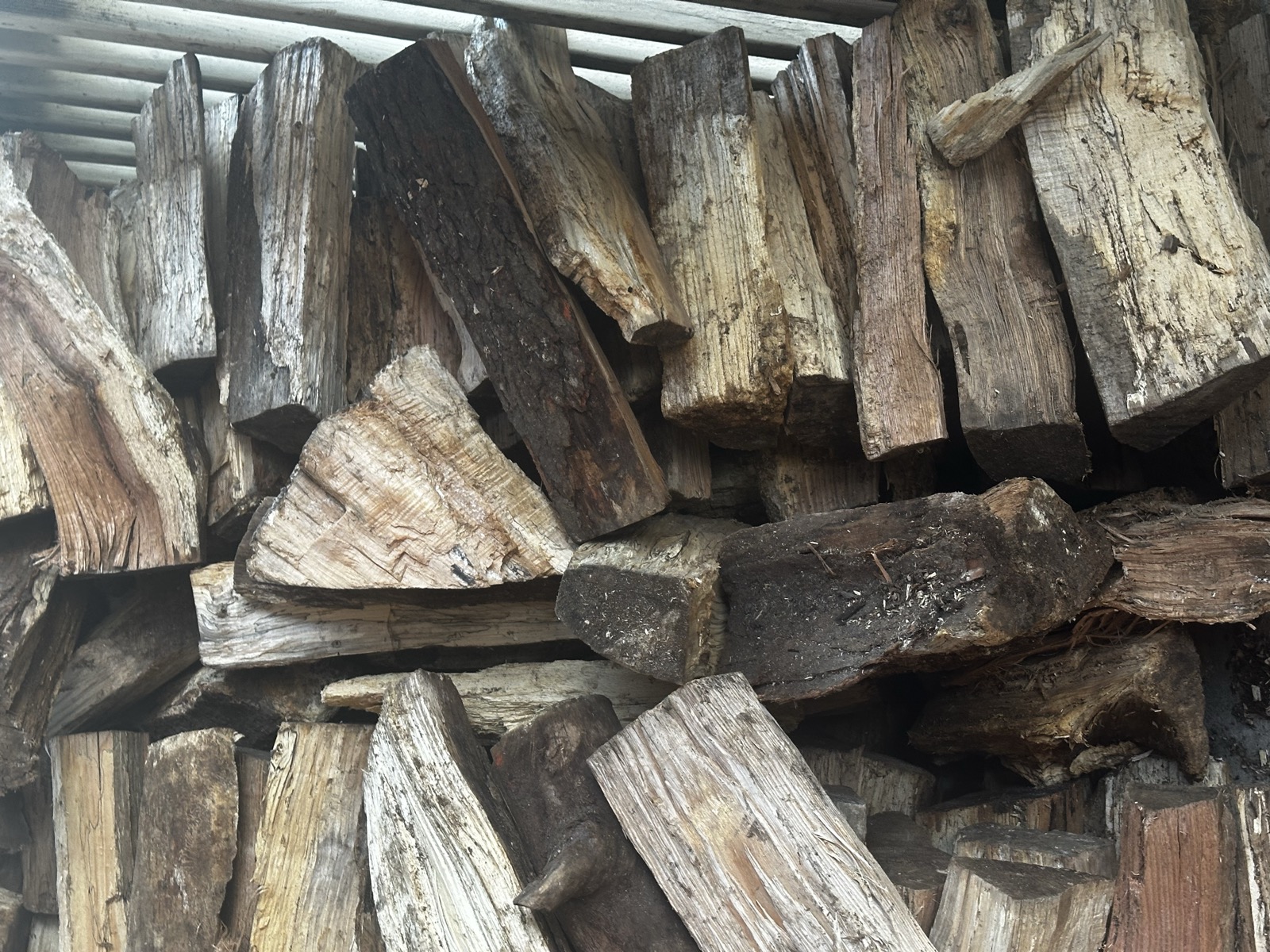 Split firewood stacked under cover